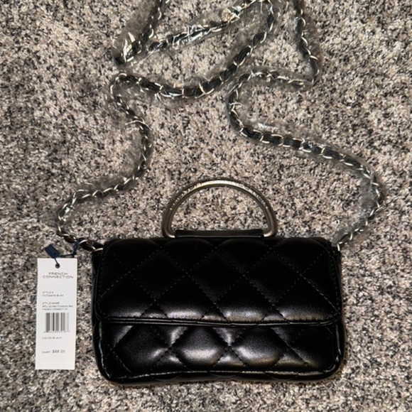 French Connection Black Crossbody Bag with Quilted Texture and Shiny Finish - Picture 1 of 6